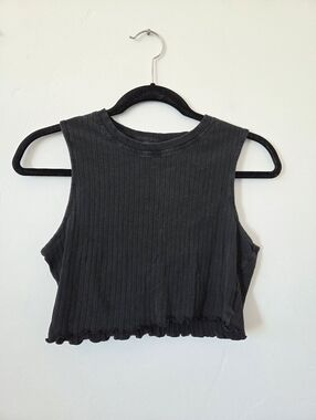 Black Ribbed Crop Top Cami Lettuce Hem High Neck Skater Grunge Edgy Large